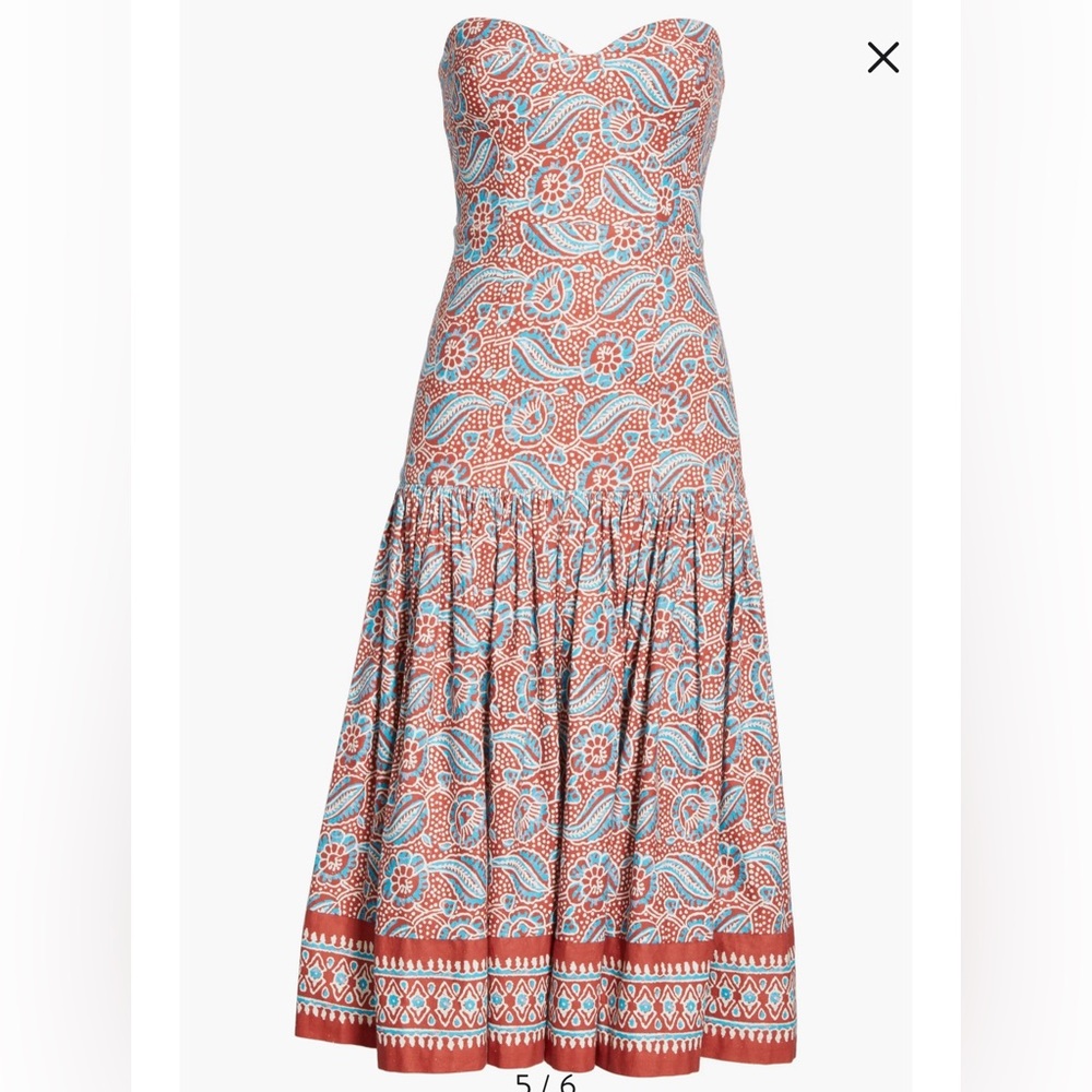 VERONICA BEARD size 4 Fiore Paisley MIdi Dress Strapless Cotton Blue